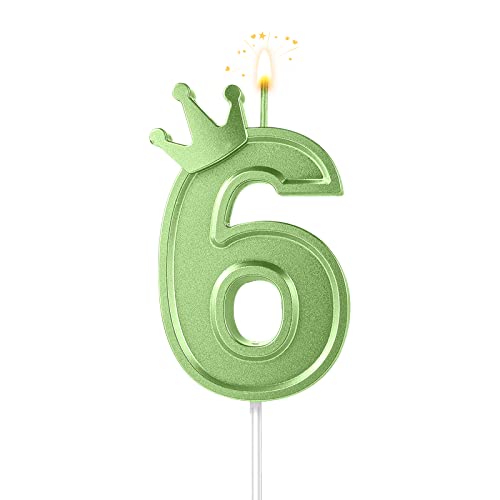 7,6cm Geburtstag Nummer Kerzen, 3D Zahlen Geburtstagskerzen mit Krone Geburtstagskerzen für Torte Zahlen Kuchenzahlenkerzen für Geburtstag Jahrestag Partys (Grün; 6) von AIEX