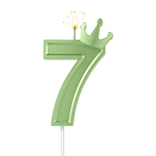 7,6cm Geburtstag Nummer Kerzen, 3D Zahlen Geburtstagskerzen mit Krone Geburtstagskerzen für Torte Zahlen Kuchenzahlenkerzen für Geburtstag Jahrestag Partys (Grün; 7) von AIEX