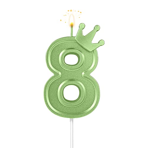 7,6cm Geburtstag Nummer Kerzen, 3D Zahlen Geburtstagskerzen mit Krone Geburtstagskerzen für Torte Zahlen Kuchenzahlenkerzen für Geburtstag Jahrestag Partys (Grün; 8) von AIEX