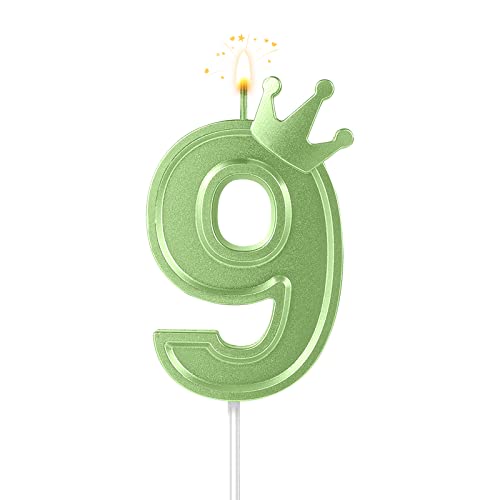 7,6cm Geburtstag Nummer Kerzen, 3D Zahlen Geburtstagskerzen mit Krone Geburtstagskerzen für Torte Zahlen Kuchenzahlenkerzen für Geburtstag Jahrestag Partys (Grün; 9) von AIEX