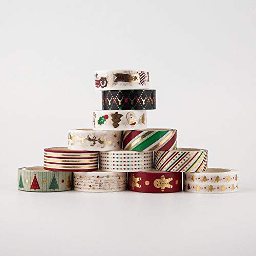 AIEX 12 Roll Washi Tape Weihnachten Set, Bastelband mit Gold Textur Design, Geschenkband, Deko Tape für Weihnachtstage, Handkonto, DIY Handwerk(1,5cmx5m) von AIEX