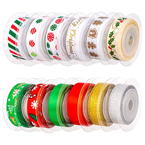 AIEX 12 Stück Dekobänder Weihnachten Satinbänder Ripsbänder Schleifenband Geschenkband Weihnachtsbänder Perfekt für Geschenkverpackung, Nähen, Haarband, Hochzeit, DIY Handwerk(4.57m x 10mm, 12 Farben) von AIEX