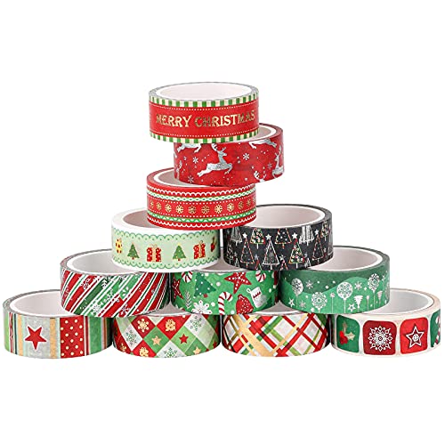 AIEX 12 Teiliges Weihnachten Washi Tape Set für Kinder DIY Basteln, Dickes Washi Tape Mit Gold Textur Design Geschenkpapier Klebeband Weihnachten Scrapbooking Planer Bürobedarf (1,5cm x 5m) von AIEX