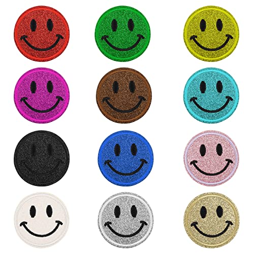 AIEX 12pcs 5,5cm Patches zum Aufbügeln Smile, Bügelbilder Smile, Süß Glitzernd Glücklich Smile Patch Dekorativ Patches zum Aufbügeln Groß Patches zum Aufbügeln Glitzer für Kleidung Hüte (12 Farben) von AIEX