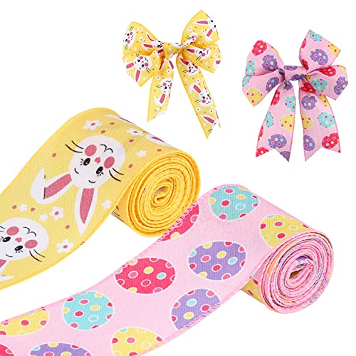 AIEX 2 Rollen 6,4 cm x 5 Yard Ostern-Rand-Band, Schleifenband mit bunten Eiern und gelben Kaninchen, für Osterdekoration, Wickeln, Schleifen, Kranzherstellung von AIEX