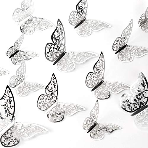 AIEX 24 Stück Schmetterlinge Ornamente 3D Aufkleber abnehmbar lebhaft mit 3 verschiedenen Größen (Silber) von AIEX