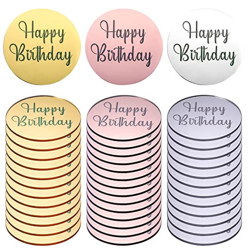 AIEX 33 Stück Happy Birthday Topper Acryl, Happy Birthday Topper Personalisiert Spiegel Acryl Cupcake Topper Mini Cupcake Topper Custom Cake Topper Name (Gold, Silber und Roségold, Rund) von AIEX