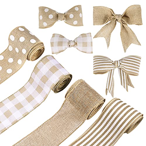 AIEX 4 Rollen 6.4cm Sackleinenband Verdrahtet, Juteband für Basteln, Kränze, Geschenkverpackungen, Weihnachtsdekoration (4 Designs, Insgesamt 18.3m) von AIEX