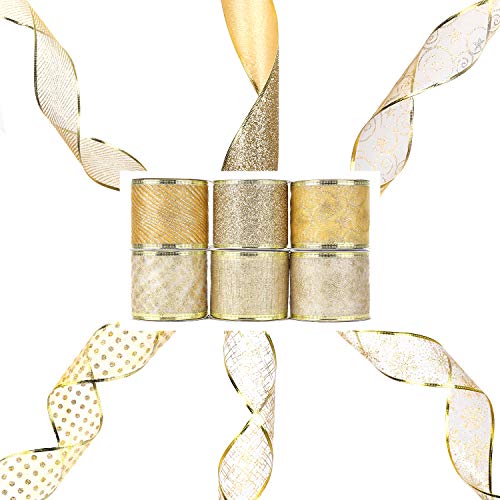 AIEX 6 Roll Weihnachtsband mit Draht, 6,35cm x 5,5m Geschenkbänder Goldenes Ripsband Glitzer Tüll Dekorationen für Geschenk Verpackungen an Weihnachten Feiertag und Geburtstag von AIEX
