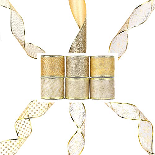 AIEX 6 Roll Weihnachtsband mit Draht, 6,35cm x 5,5m Geschenkbänder Goldenes Ripsband Glitzer Tüll Dekorationen für Geschenk Verpackungen an Weihnachten Feiertag und Geburtstag AIEX 6 Roll Weihnachtsband mit Draht, 6,35cm x 5,5m Geschenkbänder Goldenes Ripsband Glitzer Tüll Dekorationen für Geschenk Verpackungen an Weihnachten Feiertag und Geburtstag von AIEX
