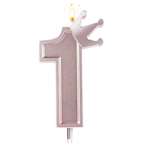 AIEX 7,6cm Geburtstag Nummer Kerzen, 3D Zahlen Geburtstagskerzen mit Krone Geburtstagskerzen für Torte Zahlen Kuchenzahlenkerzen für Geburtstag Jahrestag Partys (Roségold, 1) von AIEX