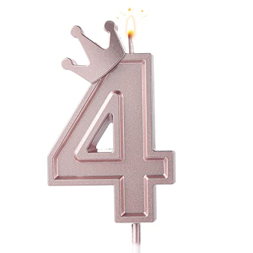 AIEX 7,6cm Geburtstag Nummer Kerzen, 3D Zahlen Geburtstagskerzen mit Krone Geburtstagskerzen für Torte Zahlen Kuchenzahlenkerzen für Geburtstag Jahrestag Partys (Roségold, 4) von AIEX