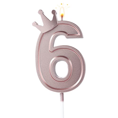 AIEX 7,6cm Geburtstag Nummer Kerzen, 3D Zahlen Geburtstagskerzen mit Krone Geburtstagskerzen für Torte Zahlen Kuchenzahlenkerzen für Geburtstag Jahrestag Partys (Roségold, 6) von AIEX