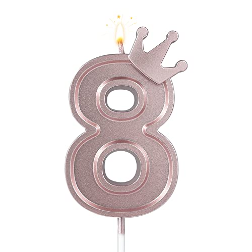 AIEX 7,6cm Geburtstag Nummer Kerzen, 3D Zahlen Geburtstagskerzen mit Krone Geburtstagskerzen für Torte Zahlen Kuchenzahlenkerzen für Geburtstag Jahrestag Partys (Roségold, 8) von AIEX