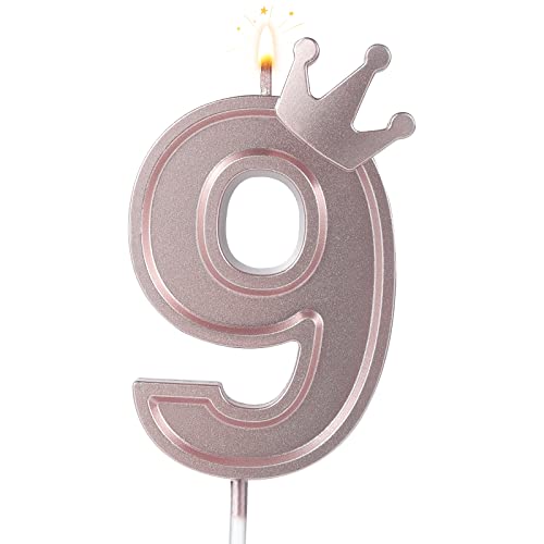 AIEX 7,6cm Geburtstag Nummer Kerzen, 3D Zahlen Geburtstagskerzen mit Krone Geburtstagskerzen für Torte Zahlen Kuchenzahlenkerzen für Geburtstag Jahrestag Partys (Roségold, 9) von AIEX