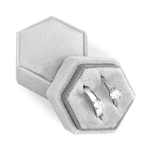 AIEX Samt Ringbox, für Schmuck Doppelschlitze Sechseck Ringetui 2 Ringen für Vorschlag Verlobung Hochzeit Zeremonie Valentinstag (Beige Grau) von AIEX