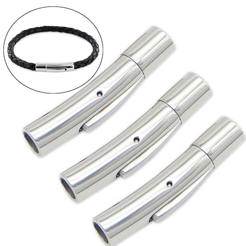 Edelstahl Hebelverschluss Magnetverschluss passt für Edelstahl Hebeldrückverschluss Schmuck Lederband Armband Verschluss für Ø 2mm Rund Lederband Endverschlüsse 3 Stück (Silber) von AIGOUT