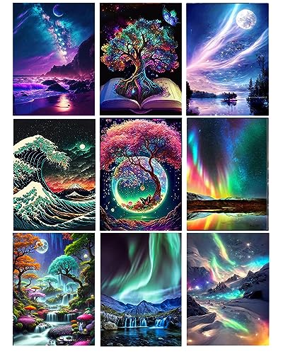 9-Pack Landschaft Diamond Painting Kits für Erwachsene, 5D DIY Aurora mit Baum Diamond Art Kits für Anfänger Runde volle Bohrer Paint by Diamonds für Home Wall Decor Geschenk12X16Inch von Majen