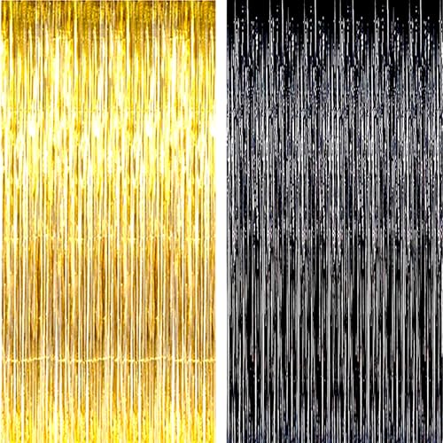 AILEXI 2 PCS 92CM*245CM Partei liefert Folie Fringe Schimmer Vorhänge, Tür Fenster Dekorationen Streamer oder Wand Backdrop Tinsels - Schwarzes Gold von AILEXI