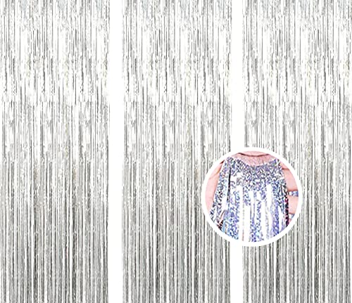 AILEXI 3er Pack Metallic Lametta Vorhänge Folie Fransen Schimmer Luftschlangen Vorhang Tür Fenster Dekoration für Geburtstag Hochzeitsfeier Lieferungen 1 * 2M - Laser Silber von AILEXI