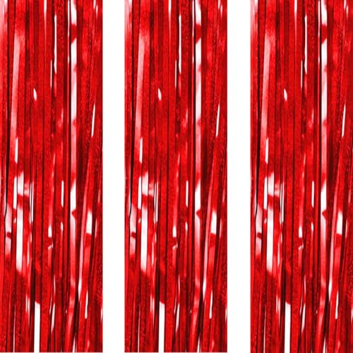AILEXI 3er Pack Metallic Lametta Vorhänge Folie Fransen Schimmer Luftschlangen Vorhang Tür Fenster Dekoration für Geburtstag Hochzeitsfeier Lieferungen 3ft * 8ft - Laser Rot von AILEXI