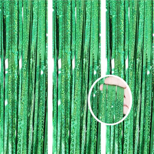 AILEXI 3er Pack Metallic Lametta Vorhänge Folie Fransen Schimmer Luftschlangen Vorhang Tür Fenster Dekoration für Geburtstag Hochzeitsfeier Lieferungen 3ft * 8ft - Lasergrün von AILEXI