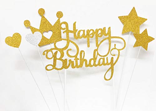 AILEXI Handmade 6 Counts Glitter Cake Decorating Toppers for cupcake and ice-cream - Happy Birthday Gold set von AILEXI