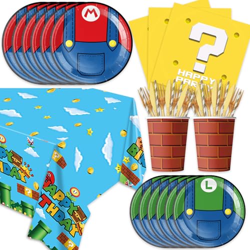 141-teiliges Super Bros-Party-Dekorations-Geschirr-Set, Cartoon-Spiel, Geburtstagsteller und Servietten, Becher, Trinkhalme, Besteck-Set, Zubehör, Super Bros, Geburtstagsparty-Dekorationen von AILIMY