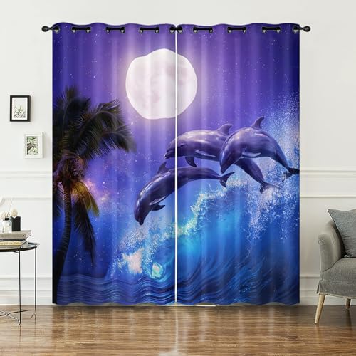 AILONEN 3D-Delfin-Fenstervorhang für Kinder, Mondschein, springender Delfin, Fenstervorhänge für Jungen und Mädchen, Sternennacht, Ozean, Tier-Ösenvorhang, 2 Paneele, 106,7 x 160 cm (B x H) von AILONEN