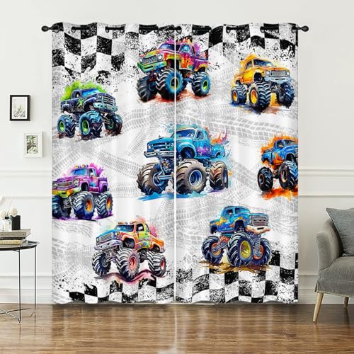AILONEN Bunter Monster-Truck-Fenstervorhang, mit Cartoon-Trucks und karierter Flagge, Vorhang-Etagen, für Schlafzimmer-Dekor, 132,1 x 160 cm (B x H), 2 Paneele von AILONEN
