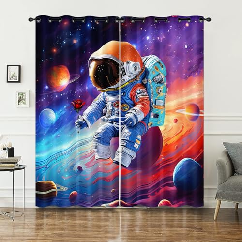 AILONEN Fenstervorhang, Motiv: Astronaut, Galaxie, Weltraum, Schlafzimmer/Wohnzimmer, Dekoration für Kinder, Traumhafte Planeten, Rose, bedruckt, Astronauten-Cartoonauten-Fenstervorhänge, 2-teiliges AILONEN Fenstervorhang, Motiv: Astronaut, Galaxie, Weltraum, Schlafzimmer/Wohnzimmer, Dekoration für Kinder, Traumhafte Planeten, Rose, bedruckt, Astronauten-Cartoonauten-Fenstervorhänge, 2-teiliges von AILONEN