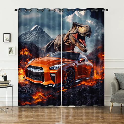AILONEN Fenstervorhang für Jungen, Rennwagen und Dinosaurier, 2-teiliges Set, coole Dinosaurier-Geschwindigkeit, Auto-Fenstervorhänge für Schlafzimmer, 132,1 x 213,4 cm (B x H) von AILONEN