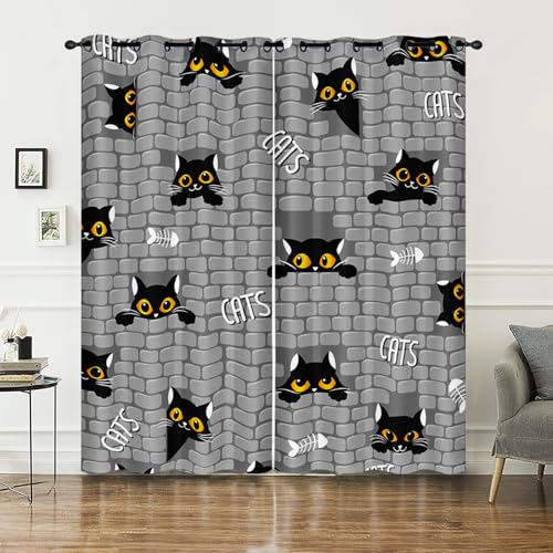 AILONEN Kinder-Fenstervorhang mit niedlicher schwarzer Katze, Cartoon-Katzen-Fenstervorhänge für Mädchen und Teenager, Kawaii-Tier-Thema, Fensterbehandlungsvorhänge für Schlafzimmer, Wohnzimmer, Dekor von AILONEN