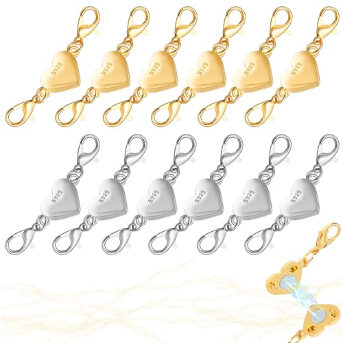 12 Stück Magnet Schmuck Verschlüsse, Magnetische Karabinerverschlüsse, Herzförmige Magnetverschlüsse, Doppelter Kettenverschluss für DIY Halsketten,Armbänder,Schmuckherstellung (Gold, Silber) von AILUYA