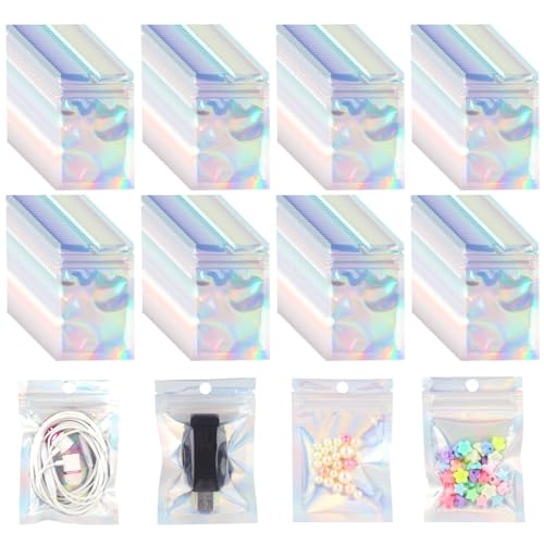 200 Stück Aluminiumfolie Beutel, Holographische Folienbeutel, Mylar beutel, Wiederverschließbare Zip Beutel Folie Tasche mit Transparentem Fenster für Schmuck, Lipgloss, Süßigkeiten, Snacks 7x10cm von AILUYA