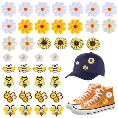 40 Stück Patches zum Aufbügeln, Gänseblümchen Biene Aufnäher zum Aufbügeln, Bestickte Flicken zum Aufbügeln, Niedliche Bügelpatches für Kleidung, Hosen, Taschen von AILUYA