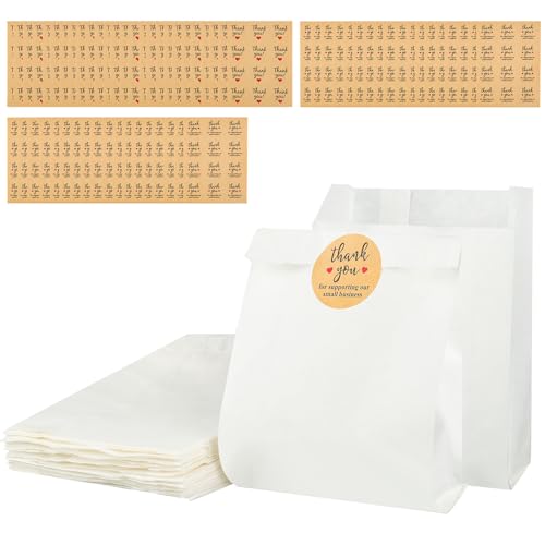 50 Stück weiße Papiertüten, Fettdichte Papier Lebensmittel Taschen, Kraftpapier Geschenktüten, Candy Favor Taschen mit 60 Stück Danke Aufkleber für Snack, Geburtstag und Weihnachtsfeier 11 x 16cm von AILUYA