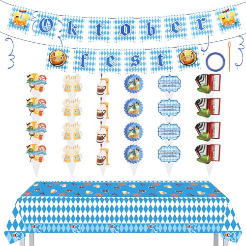 52 Stück Oktoberfest Deko Set (mit Bunten Fahnen, Tischdecken, Cupcake Topper, Anstecknadeln, Bunten Seilen), Deko Party, Bavarian Dekoration für Drinnen, Draußen, Oktoberfest Party von AILUYA