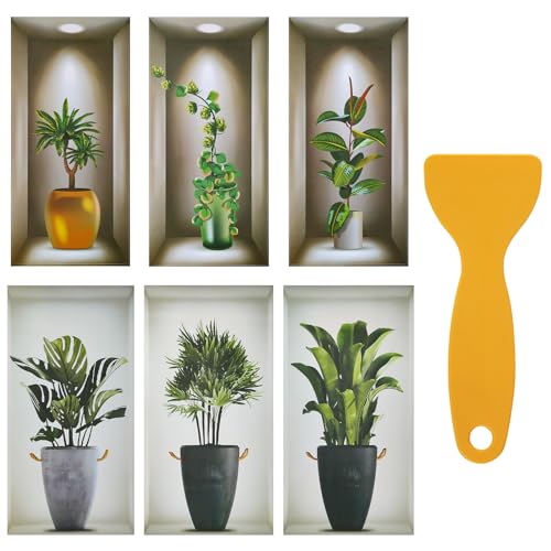 6 Stück 3D Grüne Pflanze Wandtattoo, abnehmbarer PVC Bonsai Wandaufkleber, Topfpflanze Wandsticker, Vase Wandsticker, Grüne Blätter Wandbilder mit Spachtel für Schlafzimmer, Wohnzimmer, Esszimmer von AILUYA