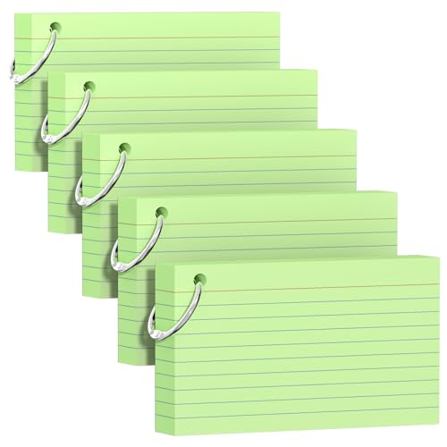 250 grüne Karteikarten, 7,6 x 12,7 cm, mit Schlüsselring, farbige Karteikarte (je 50 Blatt), langlebig und tragbar, für Studenten, Lehrer, Lernnotizen für Büro, Zuhause, Schule von AILZFEI