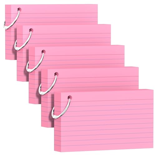 250 rosa Karteikarten, 7,6 x 12,7 cm, mit Schlüsselring, farbige Karteikarte (je 50 Blatt), langlebig und tragbar, für Studenten, Lehrer, Lernnotizen für Büro, Heimschule von AILZFEI