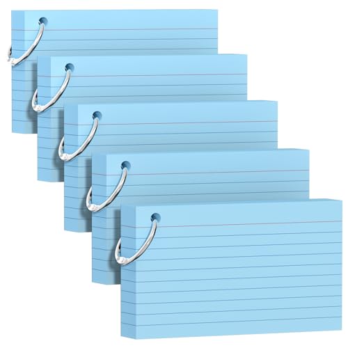 Blaue Karteikarten, 7,6 x 12,7 cm, mit Schlüsselring, farbige Karteikarte (je 50 Blatt), langlebig und tragbar, für Studenten, Lehrer, Lernnotizen für Büro, Heimschule, 250 Stück, Blau von AILZFEI