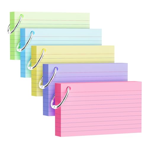 Karteikarten, 7,6 x 12,7 cm, mit Schlüsselring, 180 g/m², schwere, farbige Karteikarten, 5 Farben (je 50 Blatt), Notizen für Studenten, Lehrer, Lernkarten, für Büro, Zuhause, Schule, 250 Stück von AILZFEI