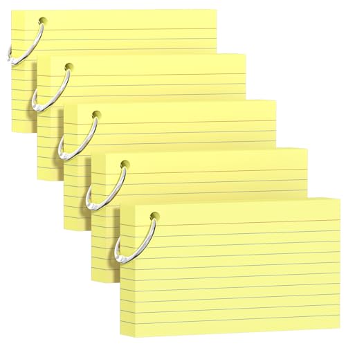 Karteikarten, 7,6 x 12,7 cm, mit Schlüsselring, gelbe Karteikarte (je 50 Blatt), langlebig und tragbar, für Studenten, Lehrer, Lernnotizen für Büro, Heimschule, 250 Stück von AILZFEI