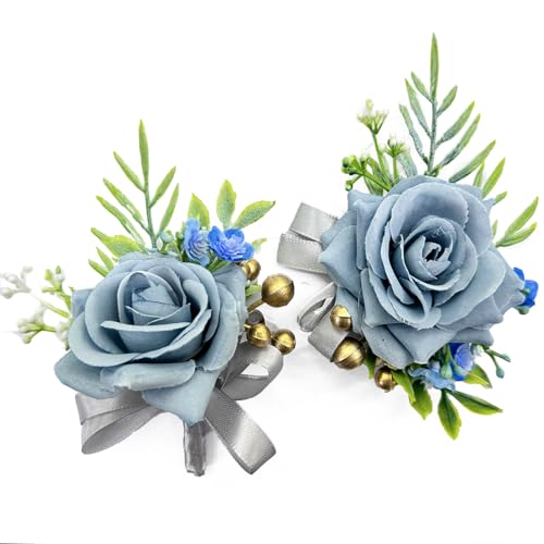 AIM & GGKK 2 Stück Künstliche Corsage Hochzeit Handgelenk Blumen Set,Rosencorsage Handgelenkblume für Hochzeiten, Tänze, Bankette, Jubiläen (Blau) von AIM & GGKK