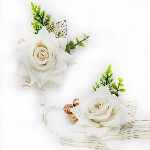 AIM & GGKK 2 Stück Künstliche Corsage Hochzeit Handgelenk Blumen Set,Rosencorsage Handgelenkblume für Kann als Korsage für Braut und Bräutigam,Trauzeuge und Brautjungfern Verwendet Werden （Weiss） von AIM & GGKK