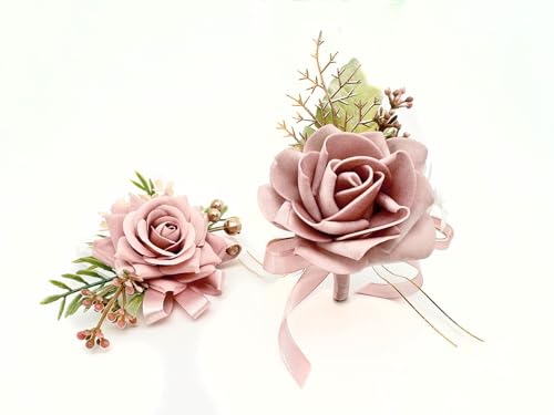 AIM & GGKK 2 Stück Künstliche Corsage Hochzeit Handgelenk Blumen Set,Rosencorsage Handgelenkblume für Kann als Korsage für Braut und Bräutigam,Trauzeuge und Brautjungfern Verwendet Werden （Rosa） von AIM & GGKK
