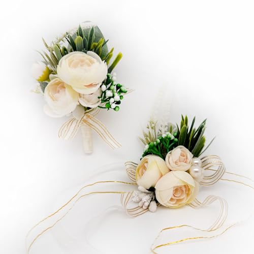 AIM & GGKK 2 Stück Künstliche Corsage Hochzeit Handgelenk Blumen Set,Rosencorsage Handgelenkblume für Kann als Korsage für Braut und Bräutigam,Trauzeuge und Brautjungfern Verwendet werden （Champagner） von AIM & GGKK