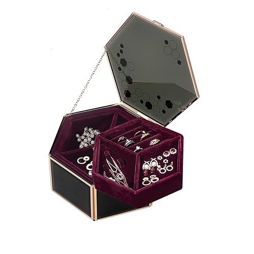 AIMIAO Schmuckbox Damen mit Doppellagige Samtbox, Schmuck Aufbewahrungsbox Klein, Schmuckkästchen Schwarz, Schmuckschatulle Glas, Sechseckiger Ringkasten, Metall Schmuckkoffer von AIMIAO