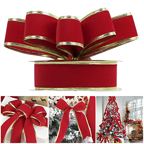 AIMUDI Rotes Samtband mit Draht, 3.8 cm, rotes Weihnachtsband, Drahtband, Samtband, Drahtrand mit goldfarbenem Rand, Drahtband für Kränze, Weihnachten, Schleifen, Urlaubsgeschenkpapier – 22 m von AIMUDI